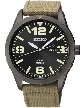 Seiko Mens Solar Sport Watch - Easy to Read Dial - Black Dial - Tan Nylon