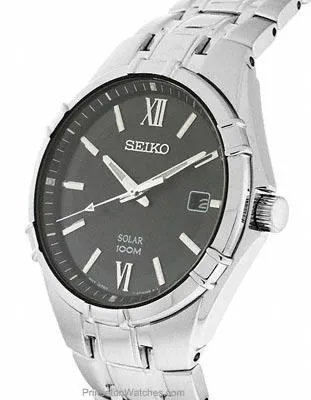 Seiko Mens Solar Stainless Steel Sport Watch - Black Dial - Date - 100 Meters