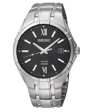 Seiko Mens Solar Stainless Steel Sport Watch - Black Dial - Date - 100 Meters