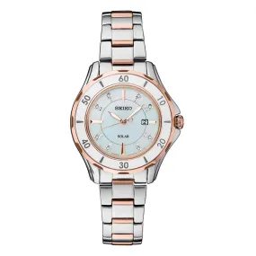 Seiko Solar Ladies Diamond Watch - Mother of Pear Dial - Rose Gold-Tone Accent