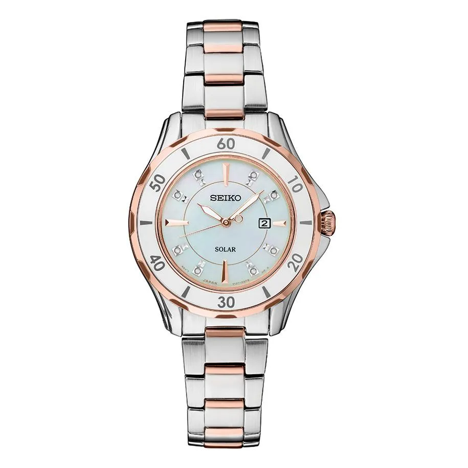 Seiko Solar Ladies Diamond Watch - Mother of Pear Dial - Rose Gold-Tone Accent