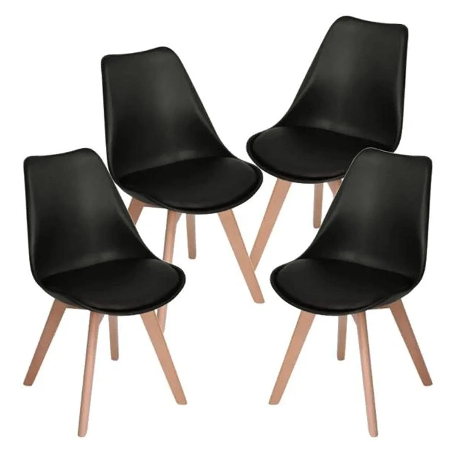 Set of 4 Ergonomic Black Dining Chairs with Wooden Legs - Modern Design