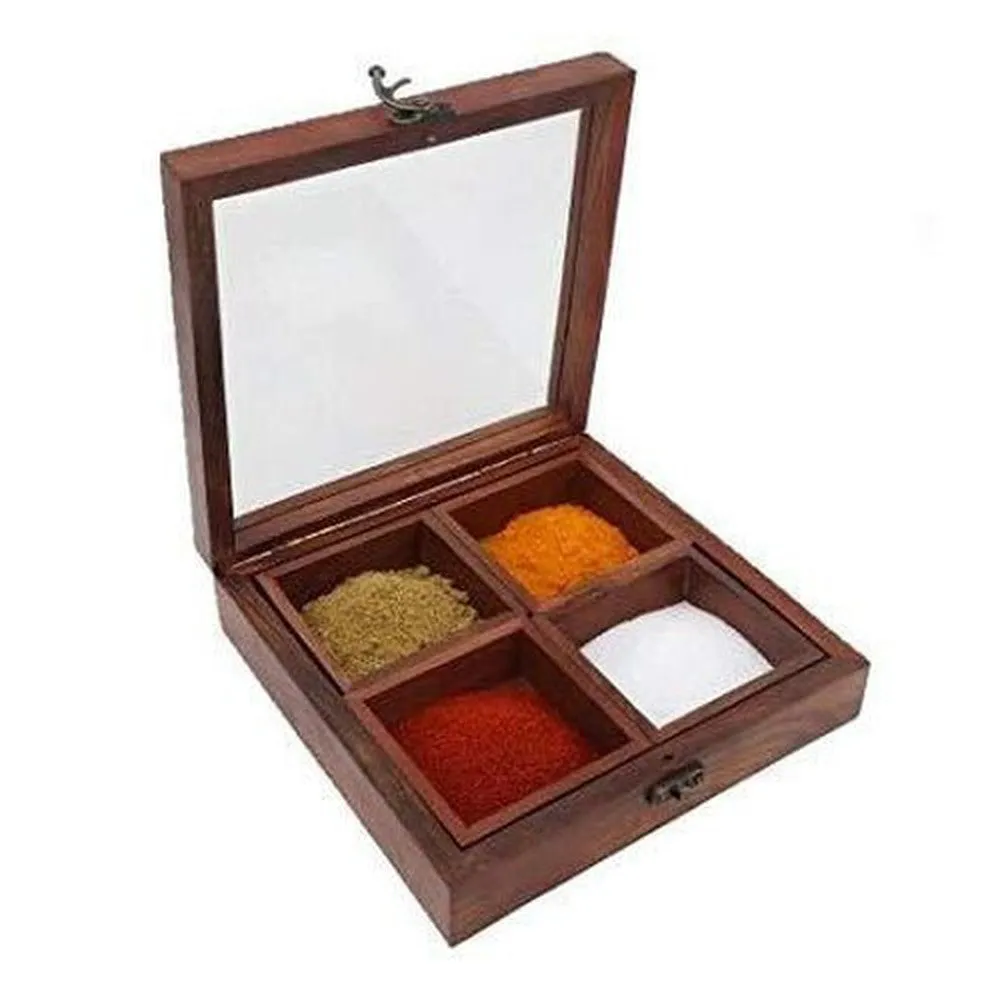 Sheesham Handmade Wooden Spice Box  15.2 x 15.2 x 5.1 cm