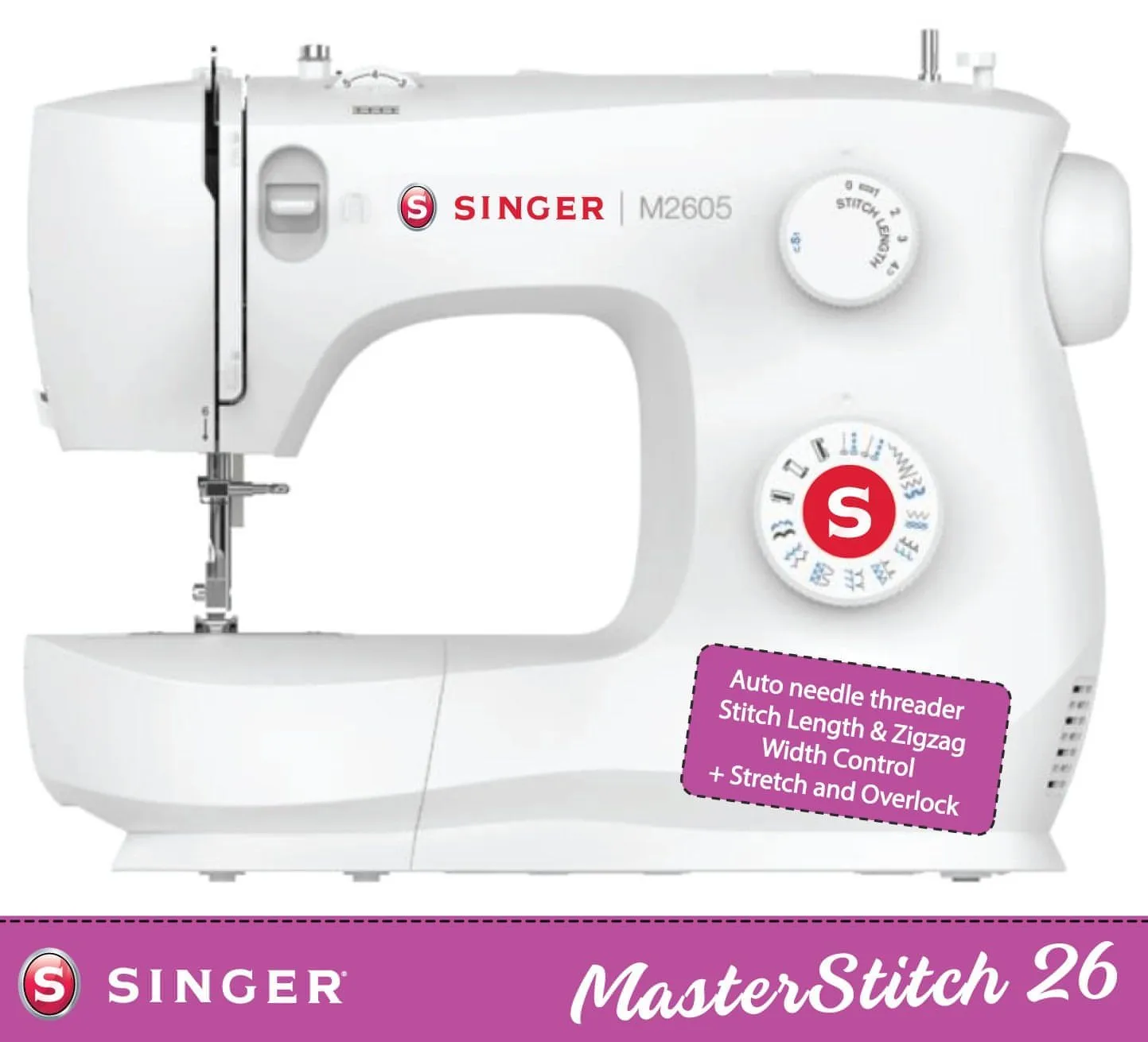 Singer M2605 Sewing Machine - 21 stitch patterns with stitch length and zig zag width control   auto needle threader﻿