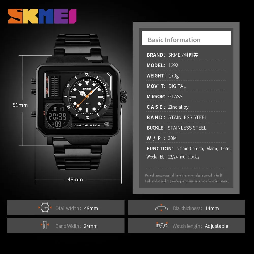 SKMEI Digital/Quartz Watch Men Stainless Steel Strap Wristwatches Double Time Display Male Clock Watches Relogio Masculino 1392