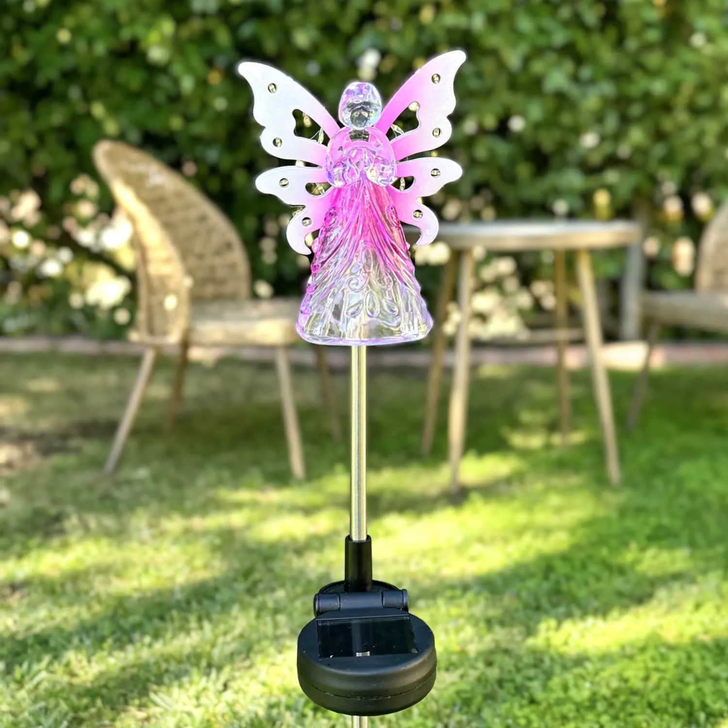 Solar Acrylic Angel with Wings and Twelve LED lights Metal Garden Stake in Pink, 4 by 34 Inches