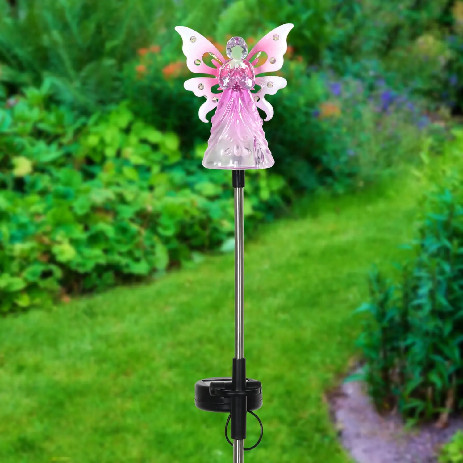 Solar Acrylic Angel with Wings and Twelve LED lights Metal Garden Stake in Pink, 4 by 34 Inches