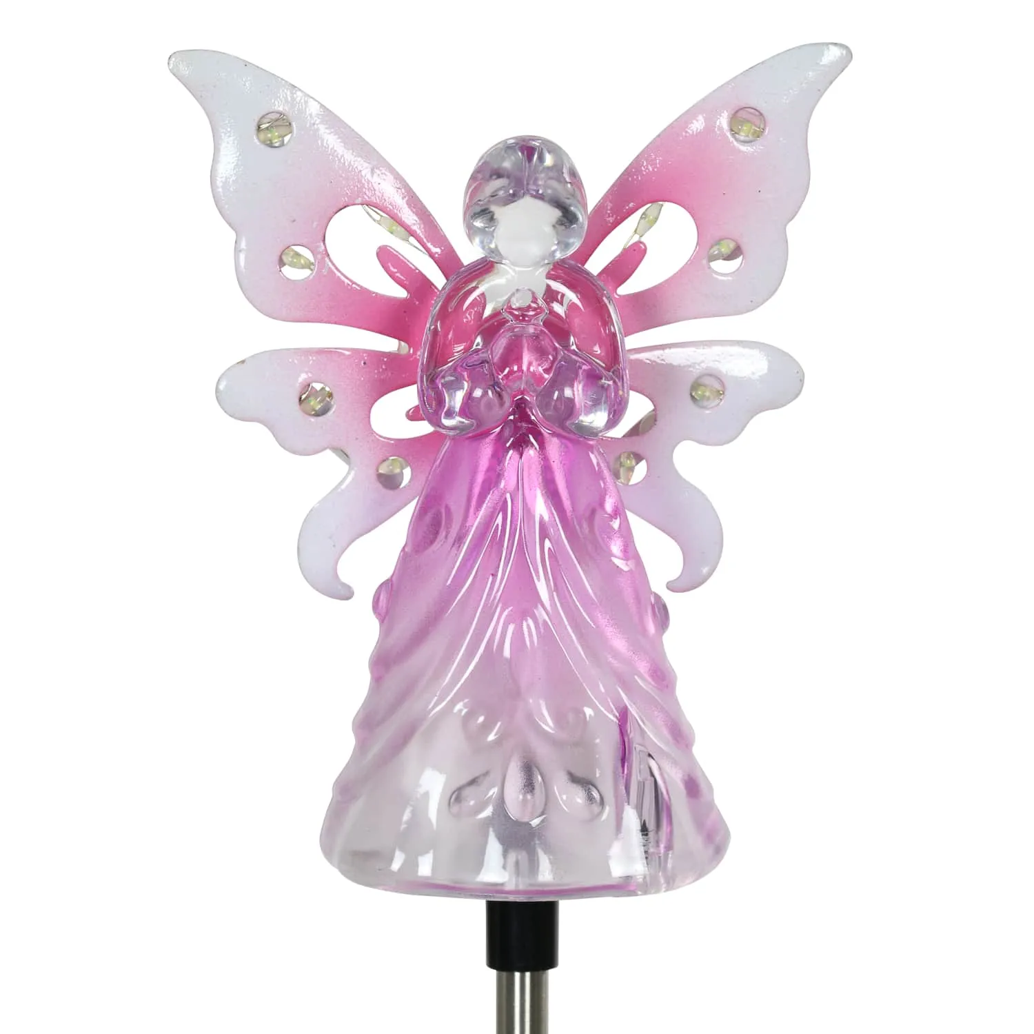 Solar Acrylic Angel with Wings and Twelve LED lights Metal Garden Stake in Pink, 4 by 34 Inches