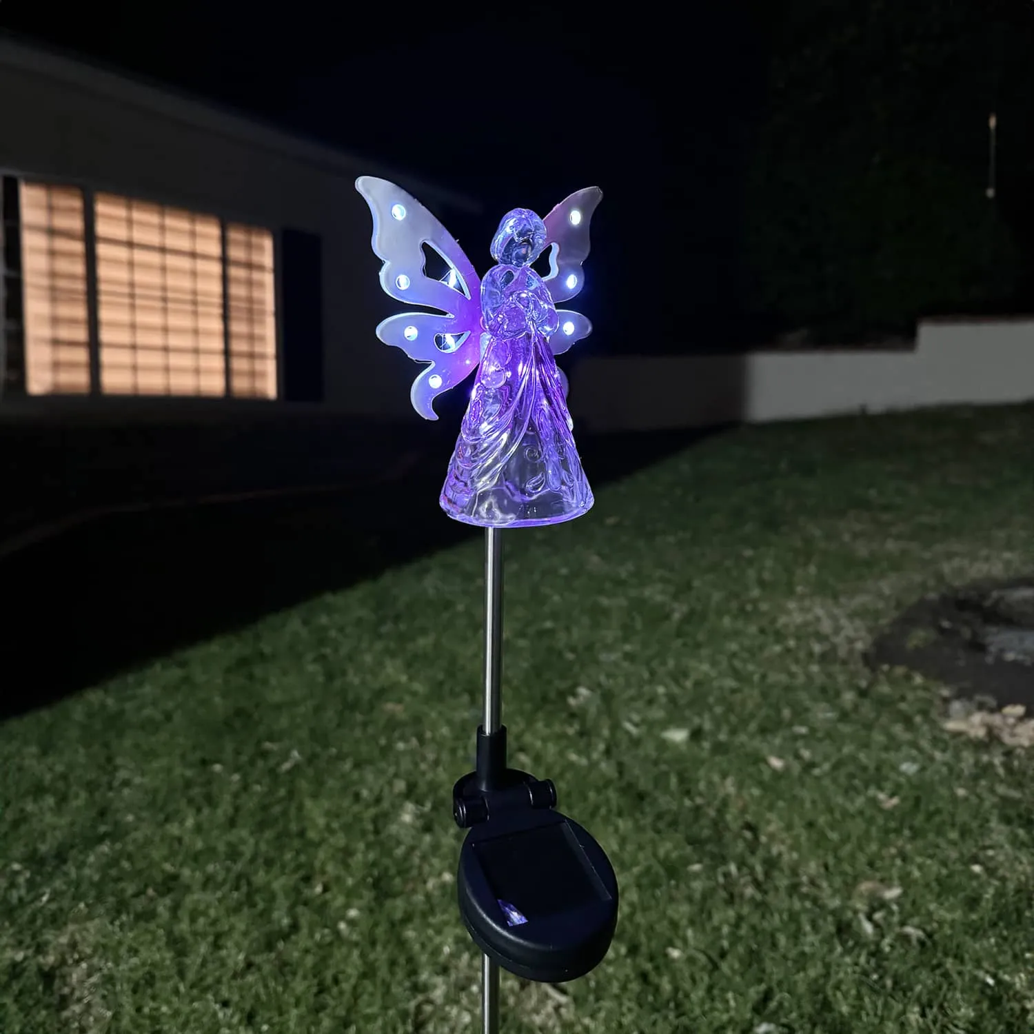 Solar Acrylic Angel with Wings and Twelve LED lights Metal Garden Stake in Pink, 4 by 34 Inches