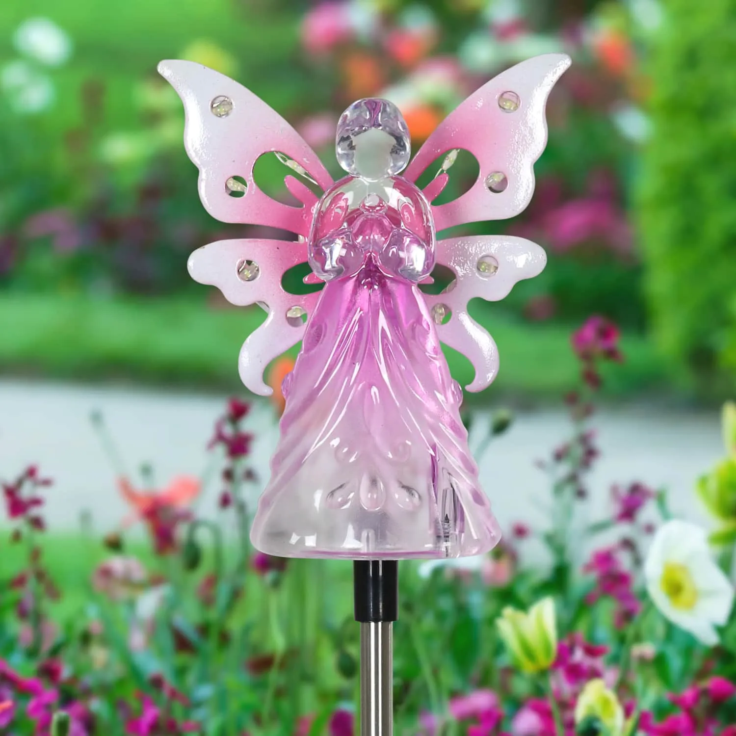 Solar Acrylic Angel with Wings and Twelve LED lights Metal Garden Stake in Pink, 4 by 34 Inches