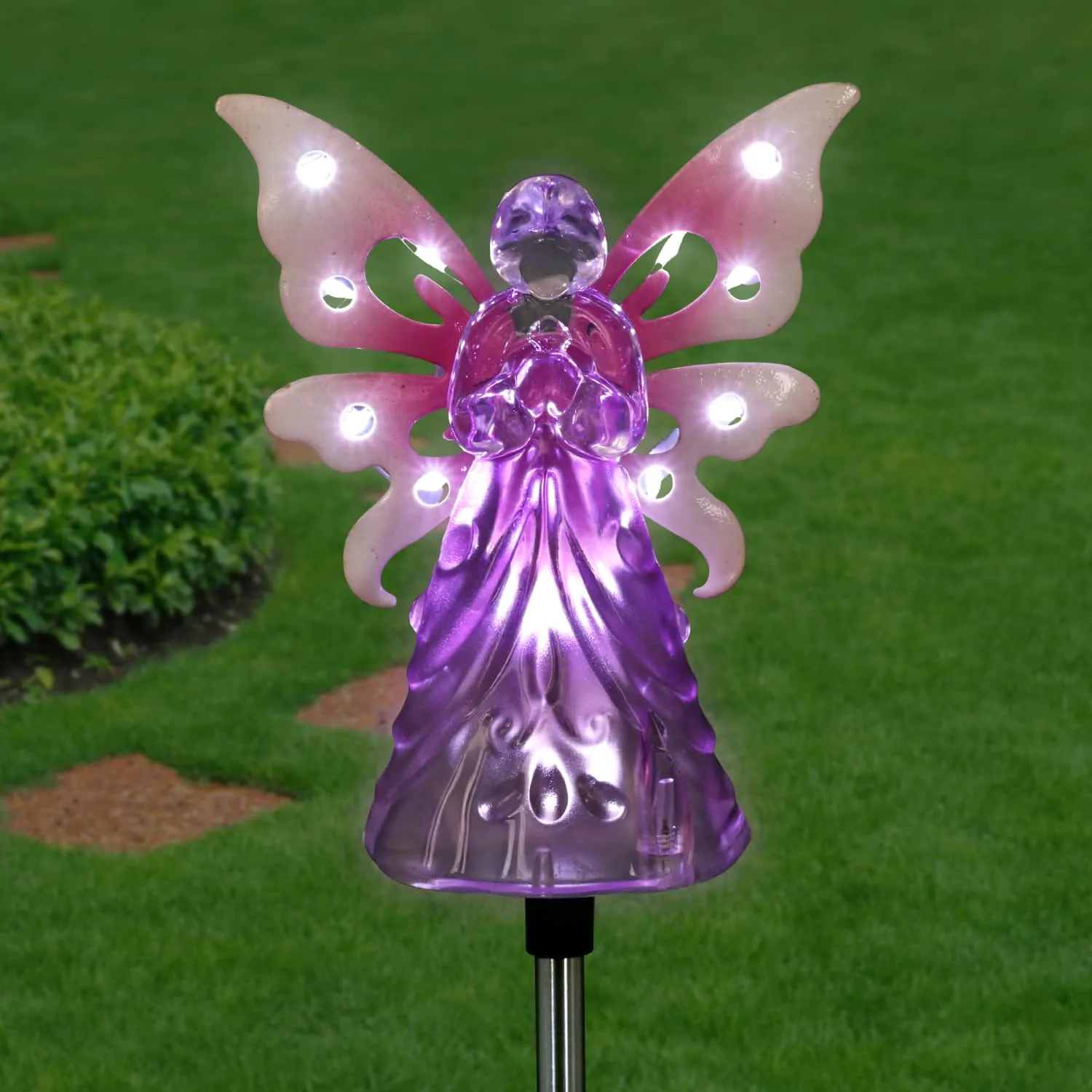 Solar Acrylic Angel with Wings and Twelve LED lights Metal Garden Stake in Pink, 4 by 34 Inches