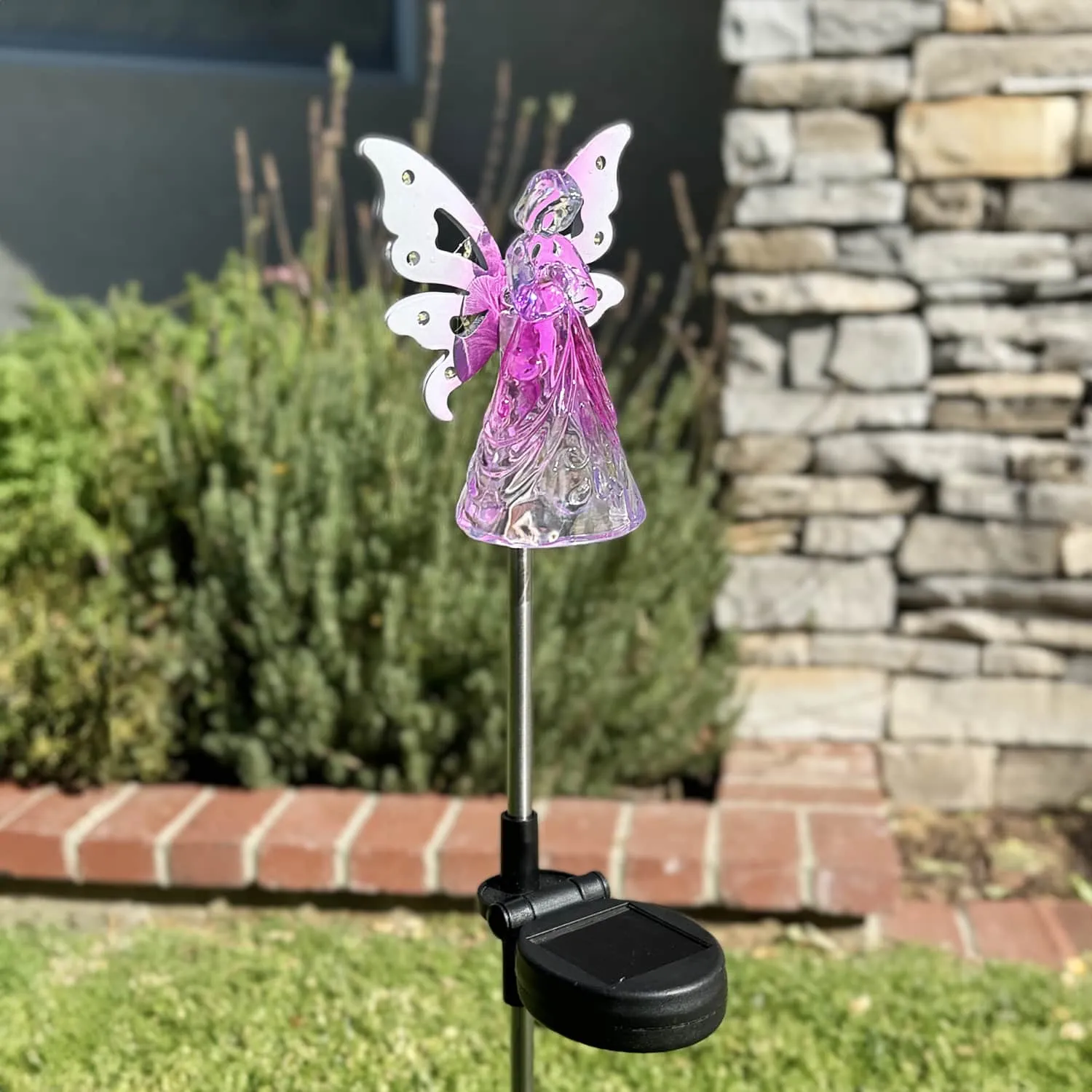 Solar Acrylic Angel with Wings and Twelve LED lights Metal Garden Stake in Pink, 4 by 34 Inches