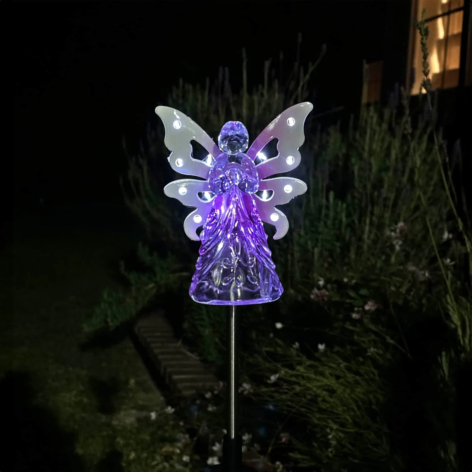 Solar Acrylic Angel with Wings and Twelve LED lights Metal Garden Stake in Pink, 4 by 34 Inches