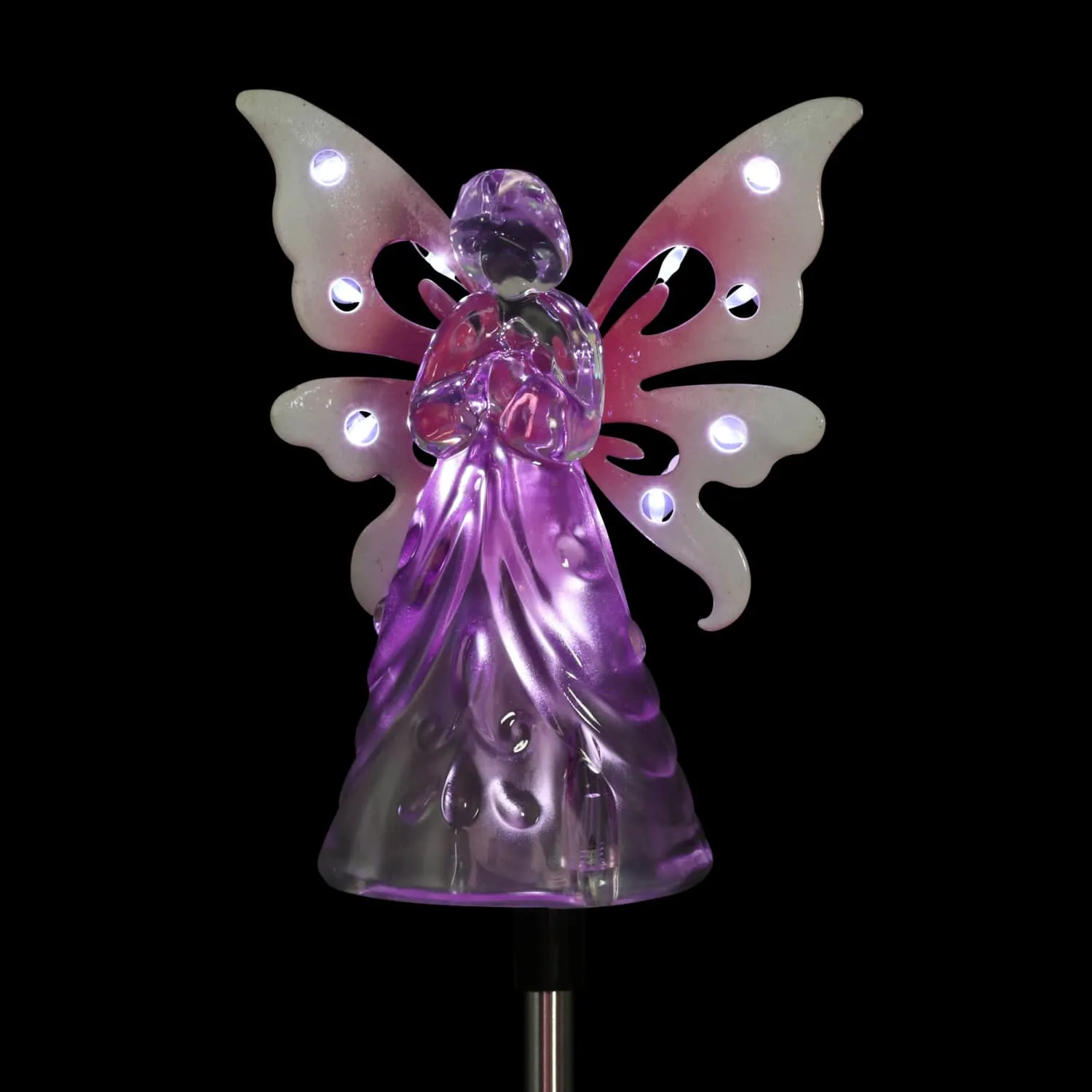 Solar Acrylic Angel with Wings and Twelve LED lights Metal Garden Stake in Pink, 4 by 34 Inches