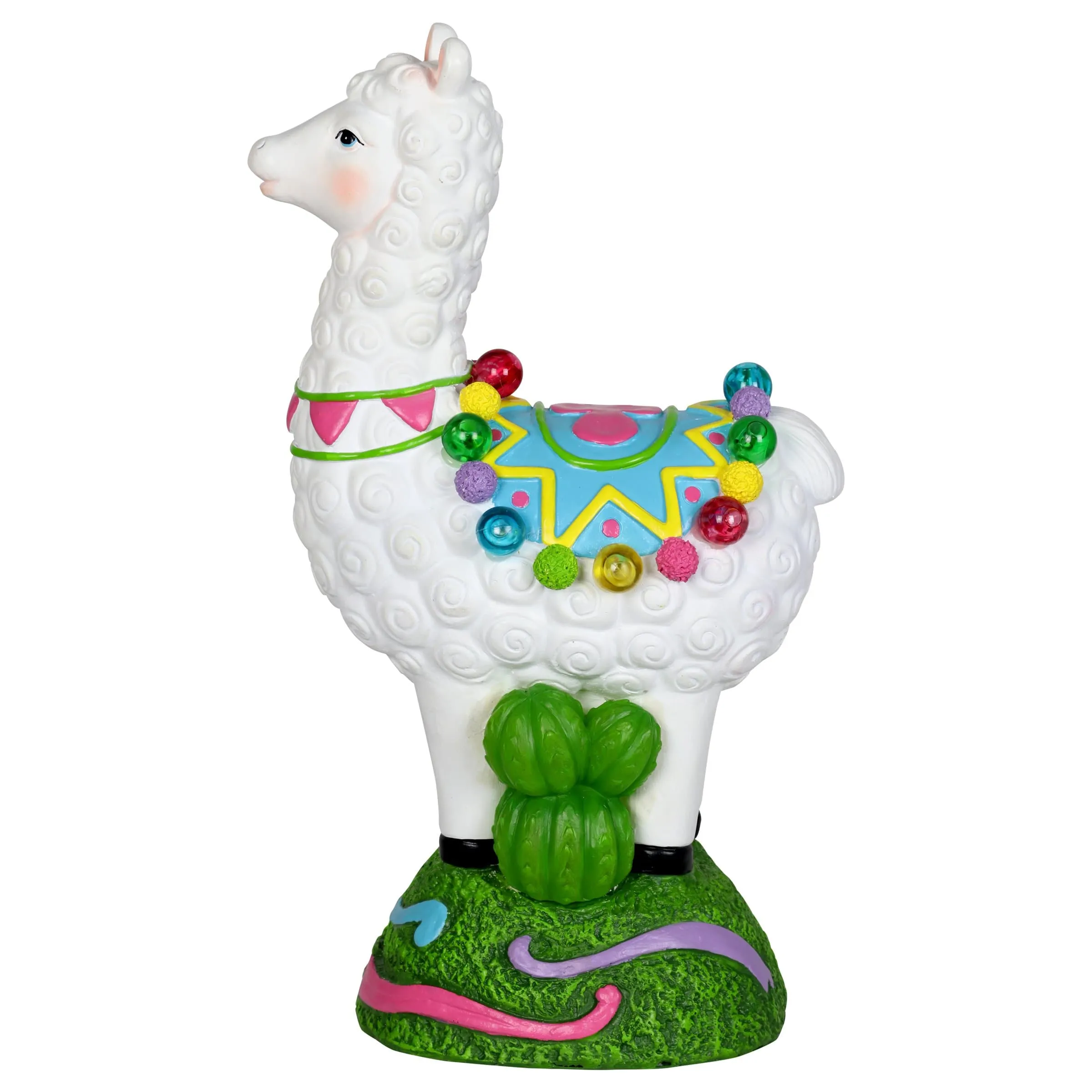 Solar Festive Llama and Cactus Garden Statue with Thirteen LED lights, 12 Inch