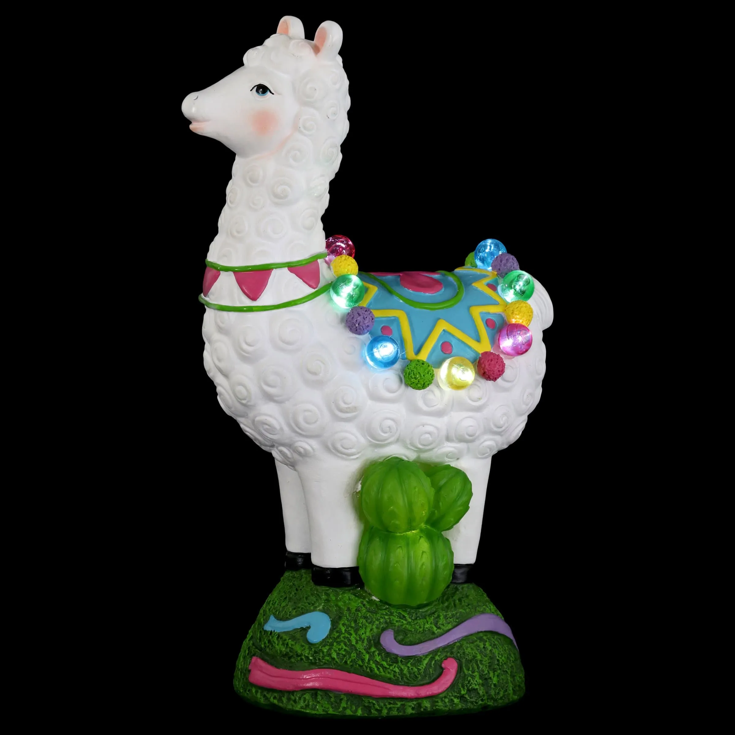 Solar Festive Llama and Cactus Garden Statue with Thirteen LED lights, 12 Inch