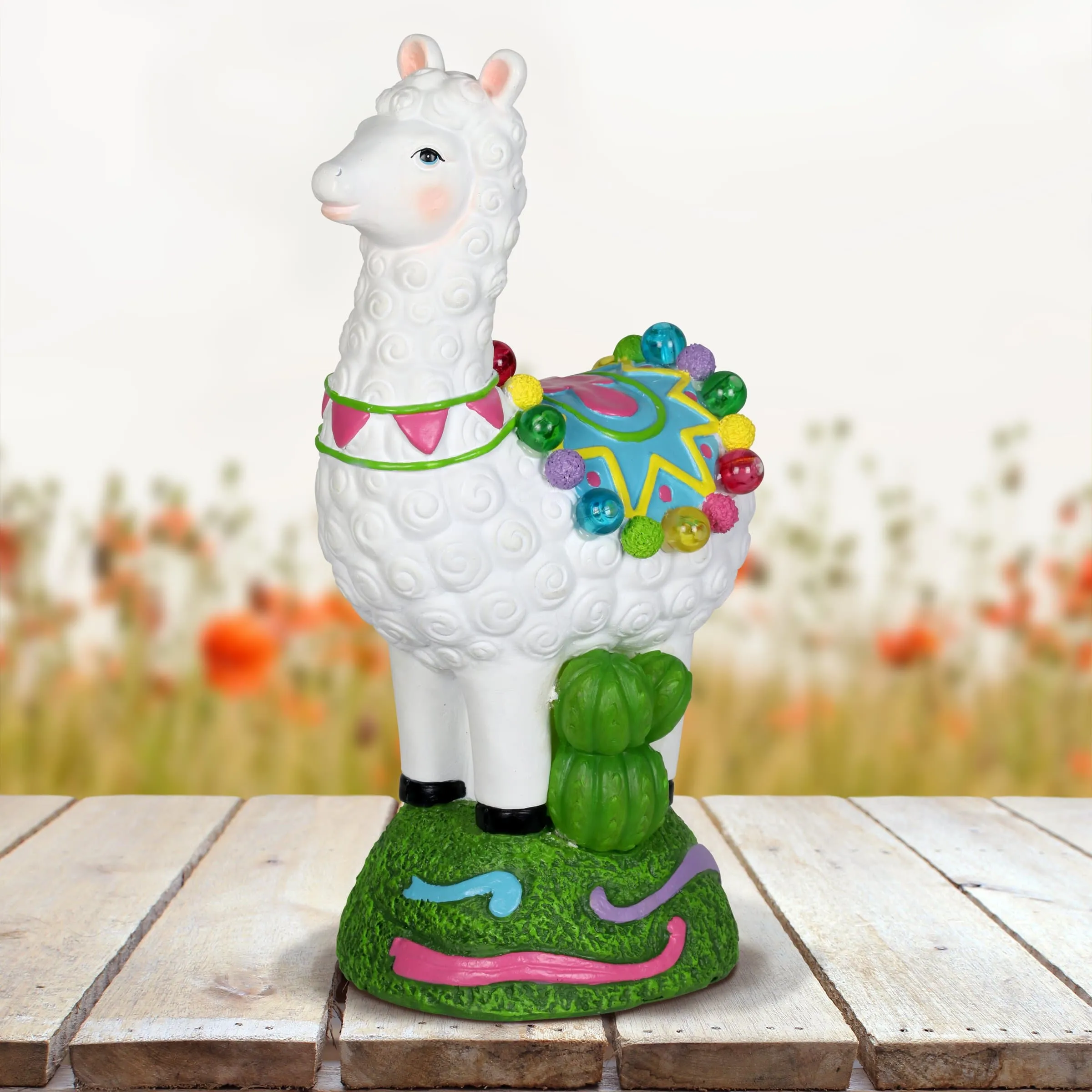 Solar Festive Llama and Cactus Garden Statue with Thirteen LED lights, 12 Inch