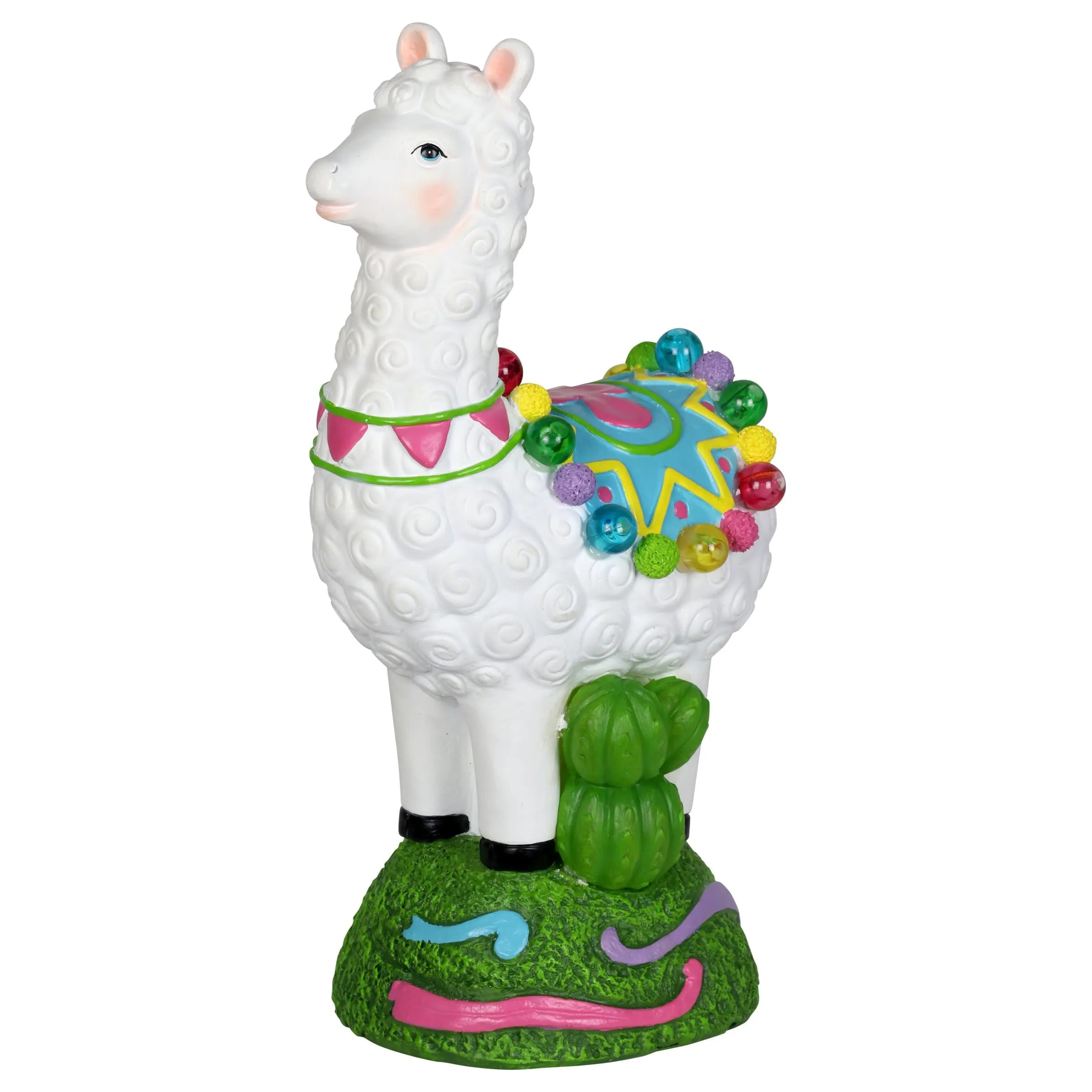 Solar Festive Llama and Cactus Garden Statue with Thirteen LED lights, 12 Inch