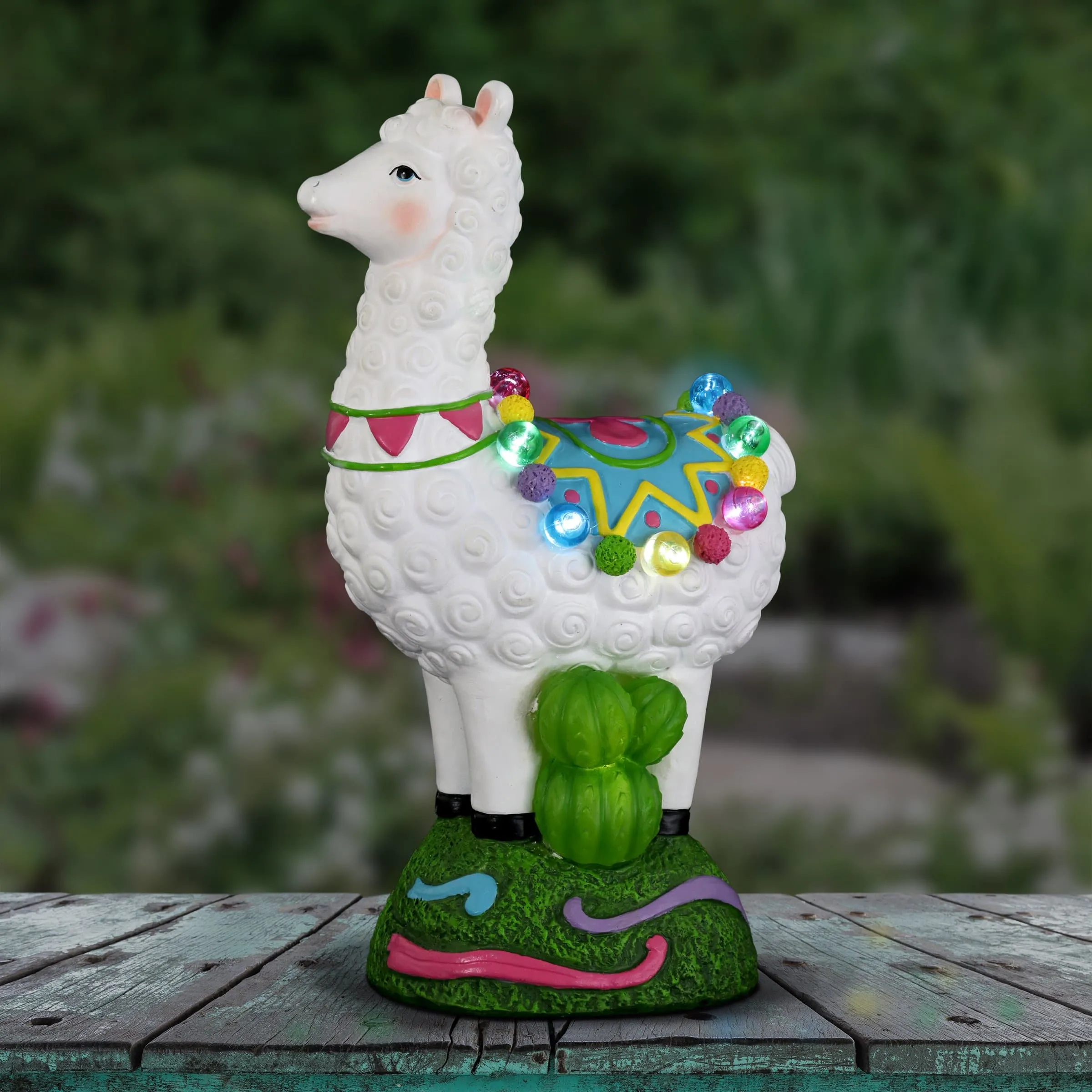 Solar Festive Llama and Cactus Garden Statue with Thirteen LED lights, 12 Inch