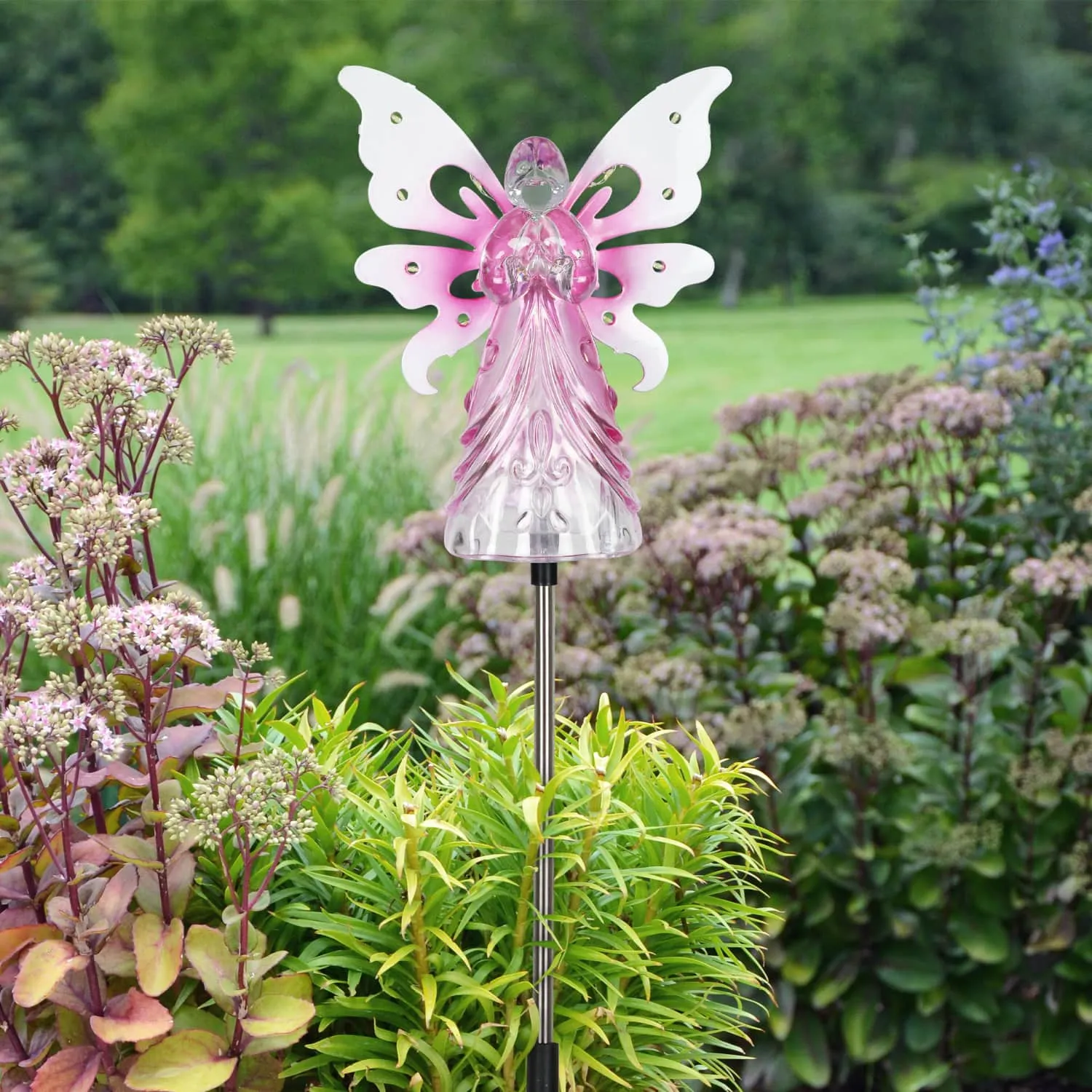 Solar Pink Acrylic Angel Stake with 13 LEDs, 6 Inch Body Size