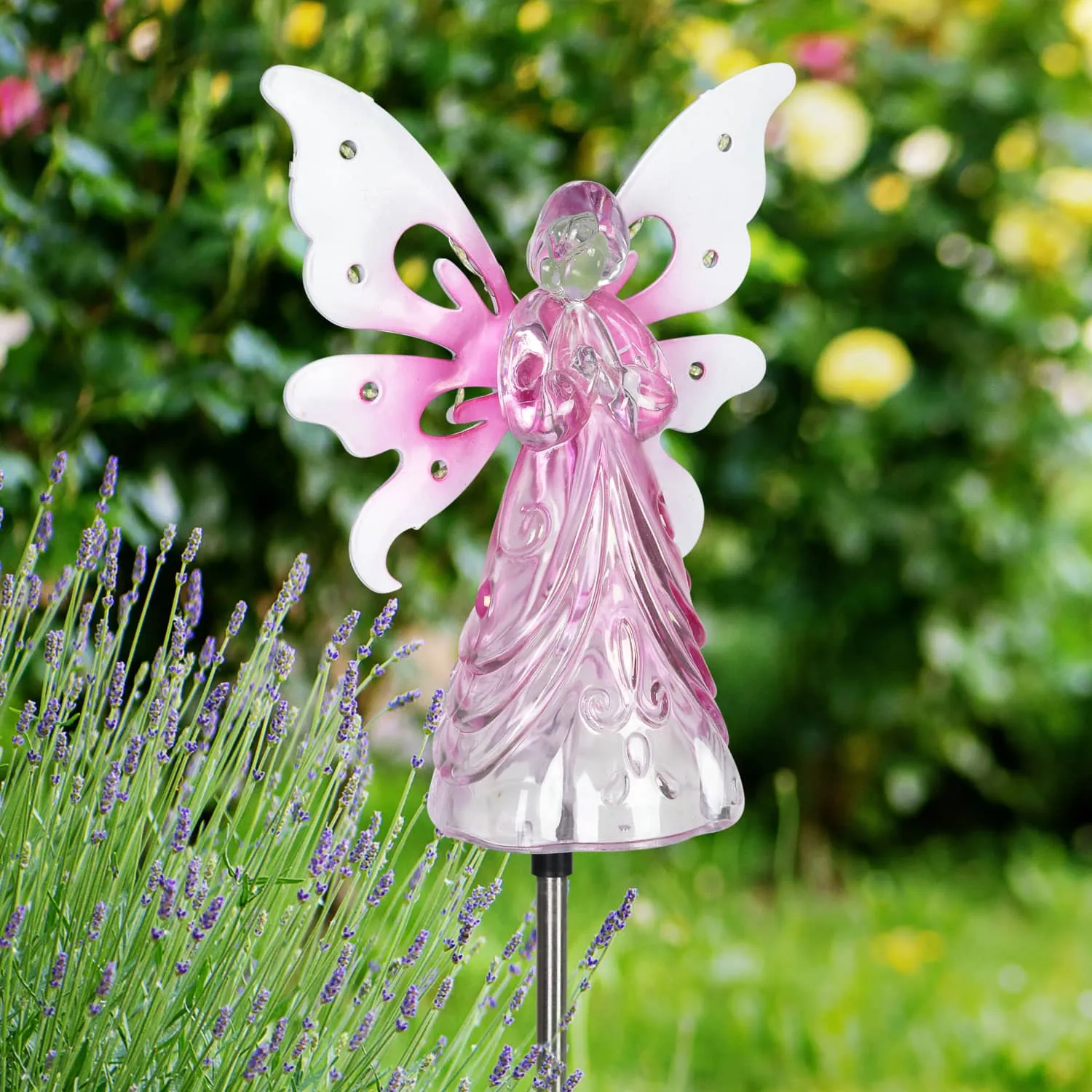 Solar Pink Acrylic Angel Stake with 13 LEDs, 6 Inch Body Size