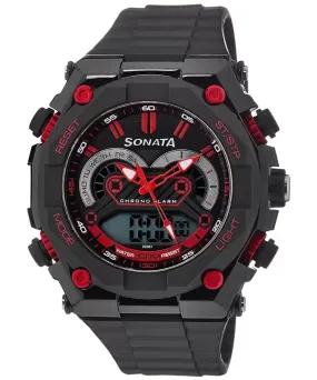 Sonata Men's Analog-Digital  Black Dial Black Rubber Strap Watch, 77030PP01