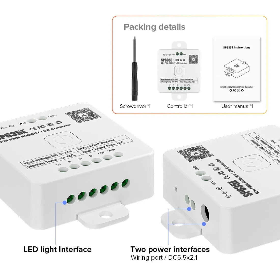 SP631E-SP635E PWM Controller Bluetooth Music Voice 5050 FCOB DIM CCT RGB RGBW RGBCCT LED Light Strip IOS Android 2.4G 5V-24V