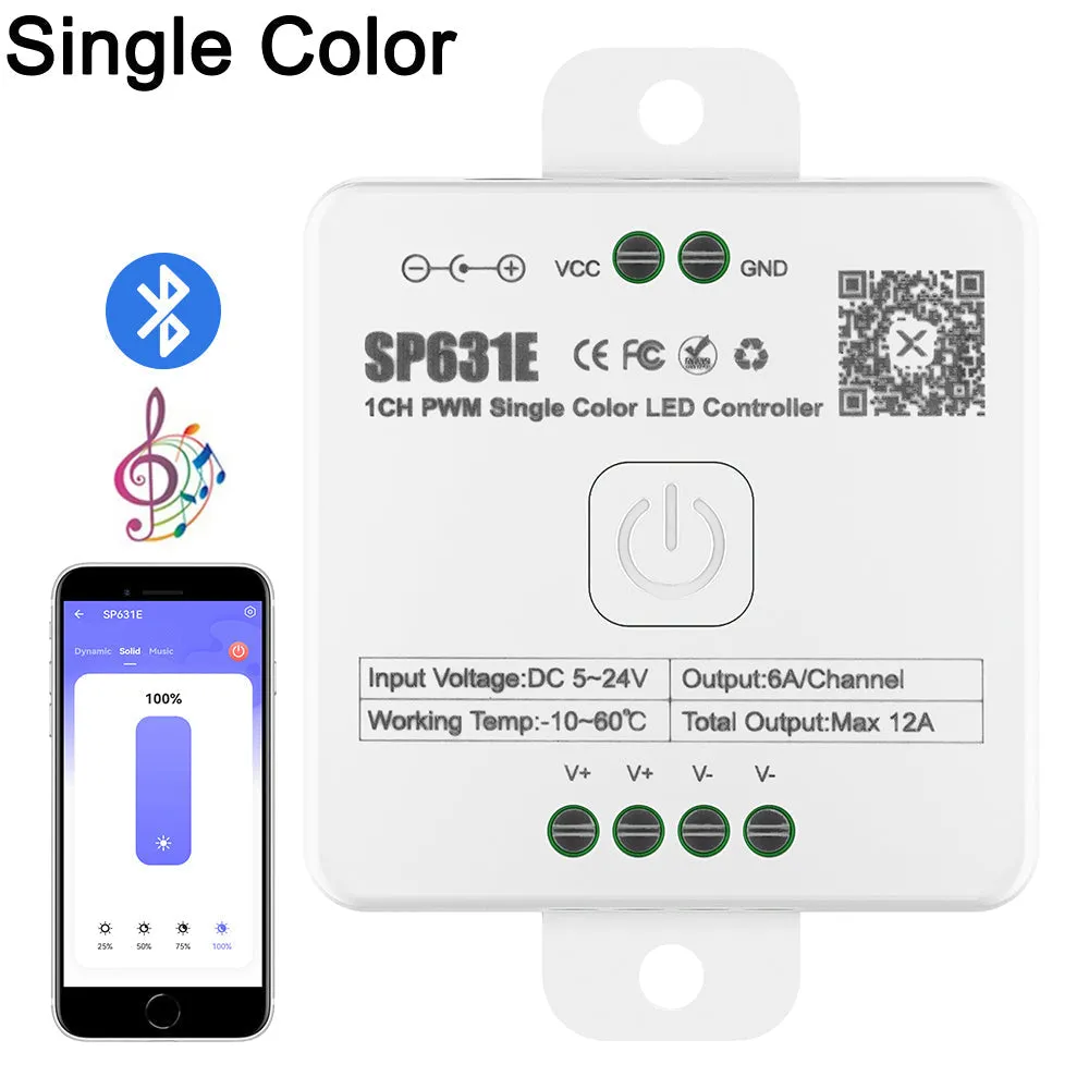 SP631E-SP635E PWM Controller Bluetooth Music Voice 5050 FCOB DIM CCT RGB RGBW RGBCCT LED Light Strip IOS Android 2.4G 5V-24V