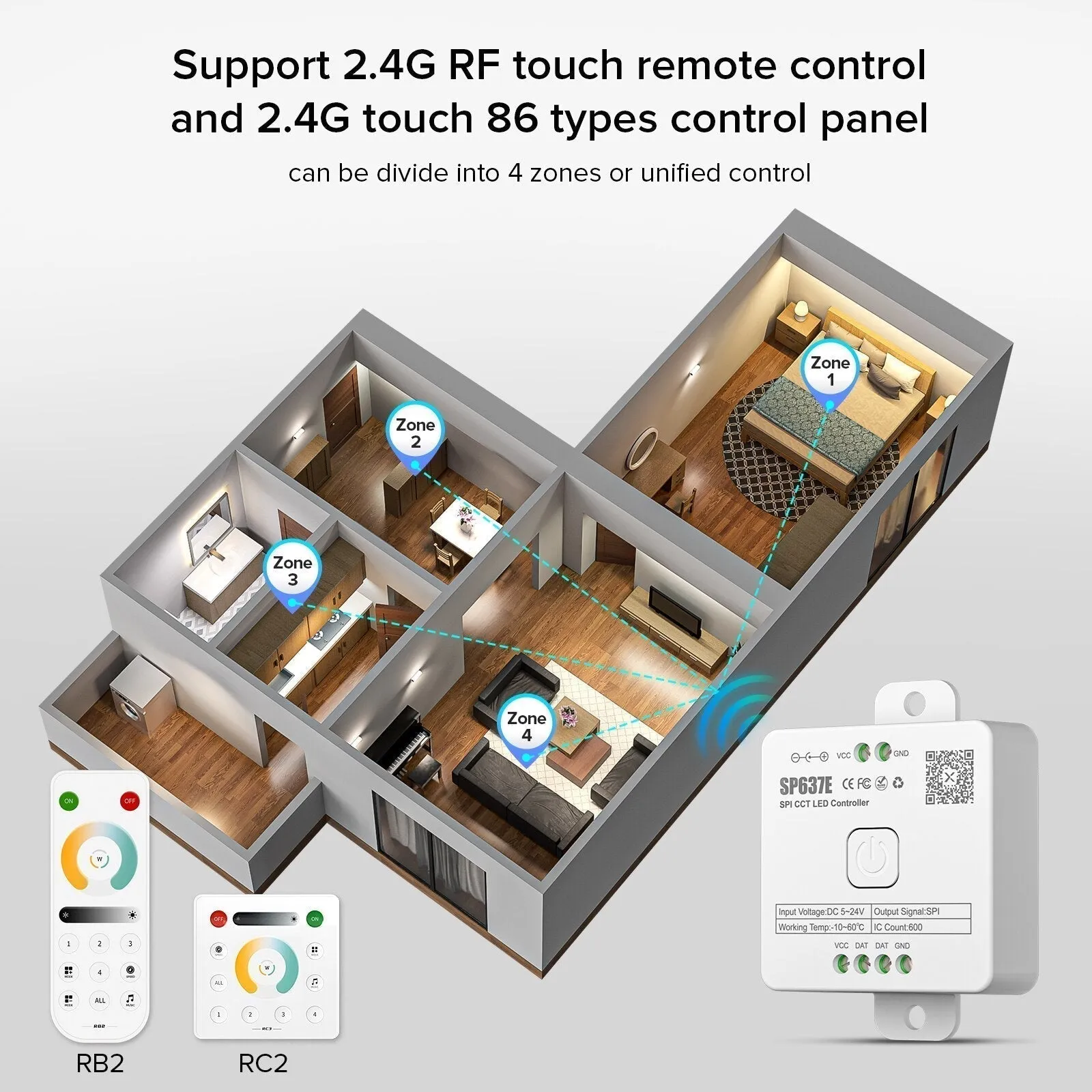 SP636E-SP639E Controller SPI FCOB WS2812B RGB SK6812 WS2814 RGBW Bluetooth Music IOS Android 2.4G 5V-24V