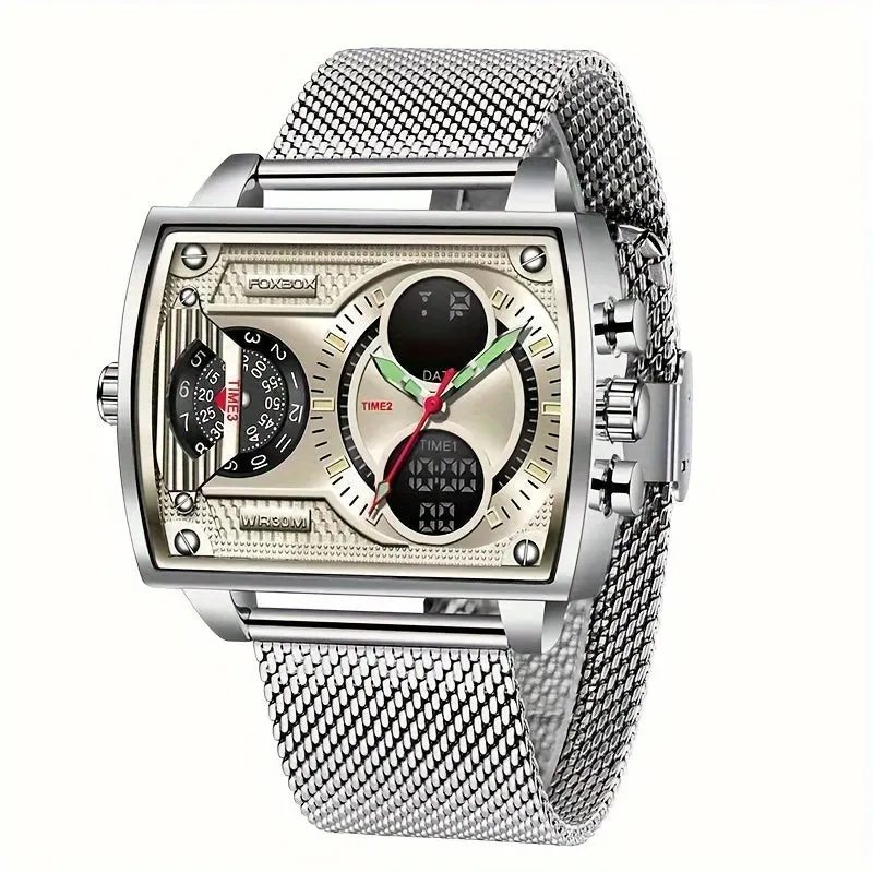 Square Stylish Waterproof Mens Watch with Dual Display Chronograph