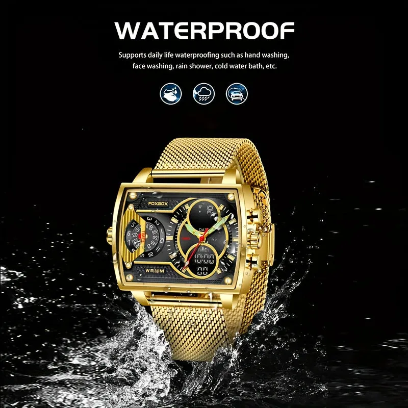 Square Stylish Waterproof Mens Watch with Dual Display Chronograph