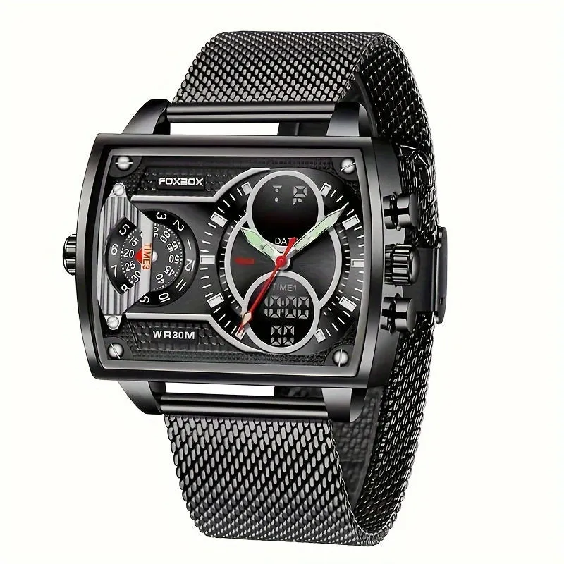 Square Stylish Waterproof Mens Watch with Dual Display Chronograph