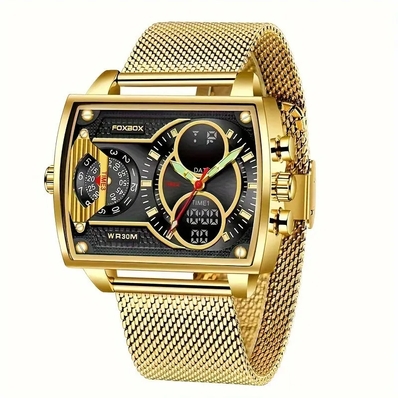 Square Stylish Waterproof Mens Watch with Dual Display Chronograph