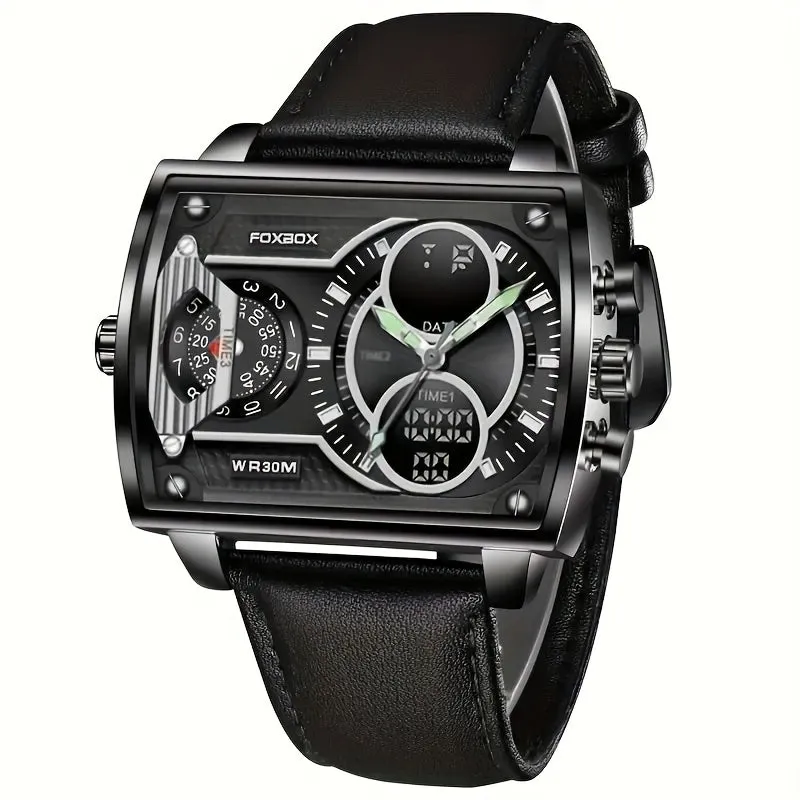 Square Stylish Waterproof Mens Watch with Dual Display Chronograph