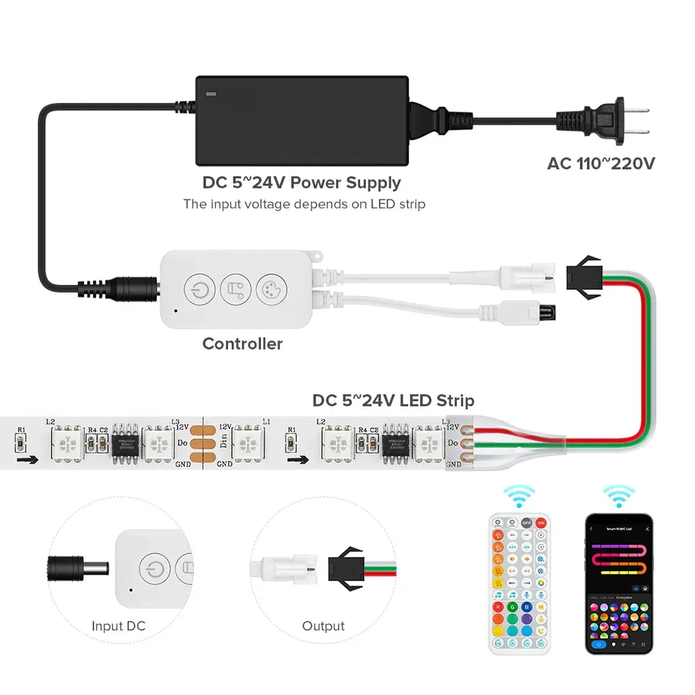 Tuya WiFi SPI LED Controller with IR44 Keys Remote Alexa Google Home for WS2811 WS2812 FCOB RGB IC Addressable Led Strip Light DC5V-24V