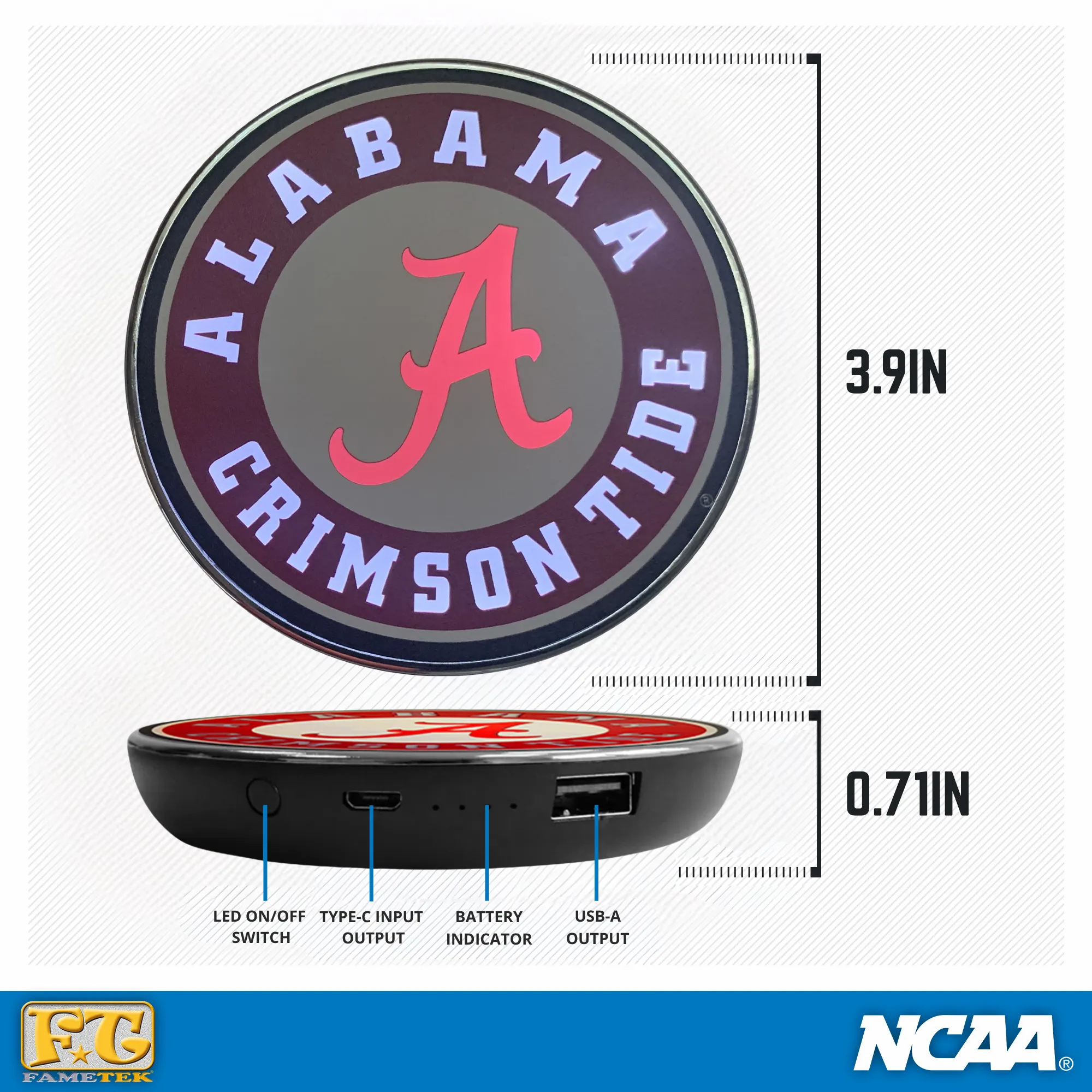 University of Alabama Qi Wireless Charger With Illuminated Bama Logo & Built-In Power bank