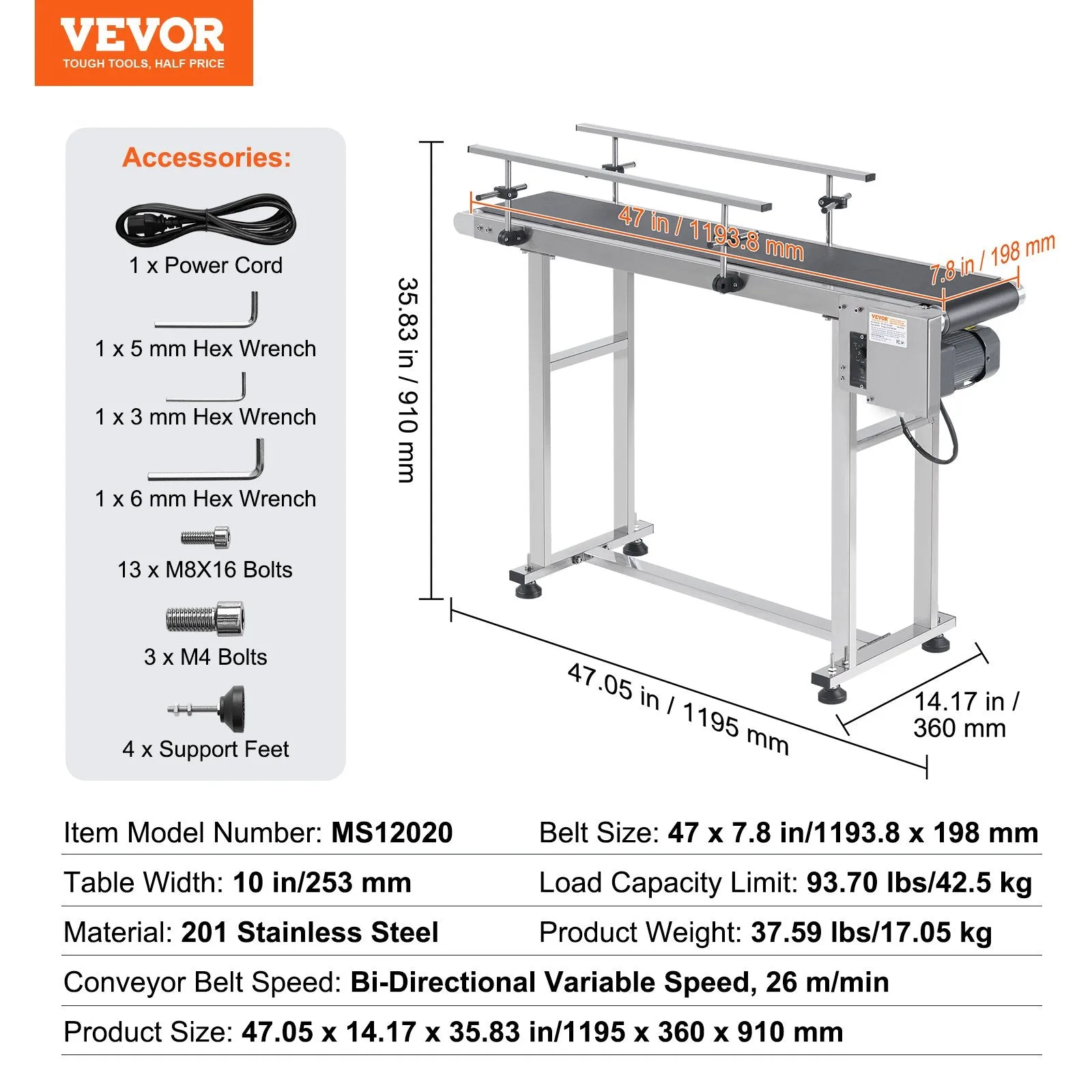 Vevor Motorized Conveyor With PVC Belt 47" x 7.8" Stainless Steel Adjustable Speed Double Guardrail for Inkjet Coding New