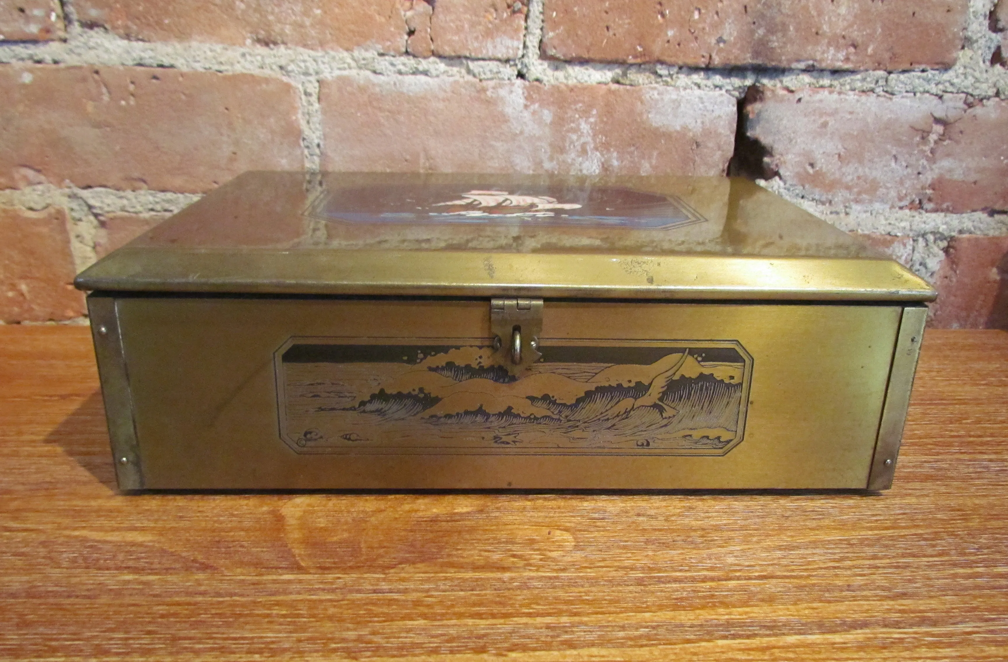 Vintage Etch Art Chest Mens Ship Trinket Box Jewelry Box