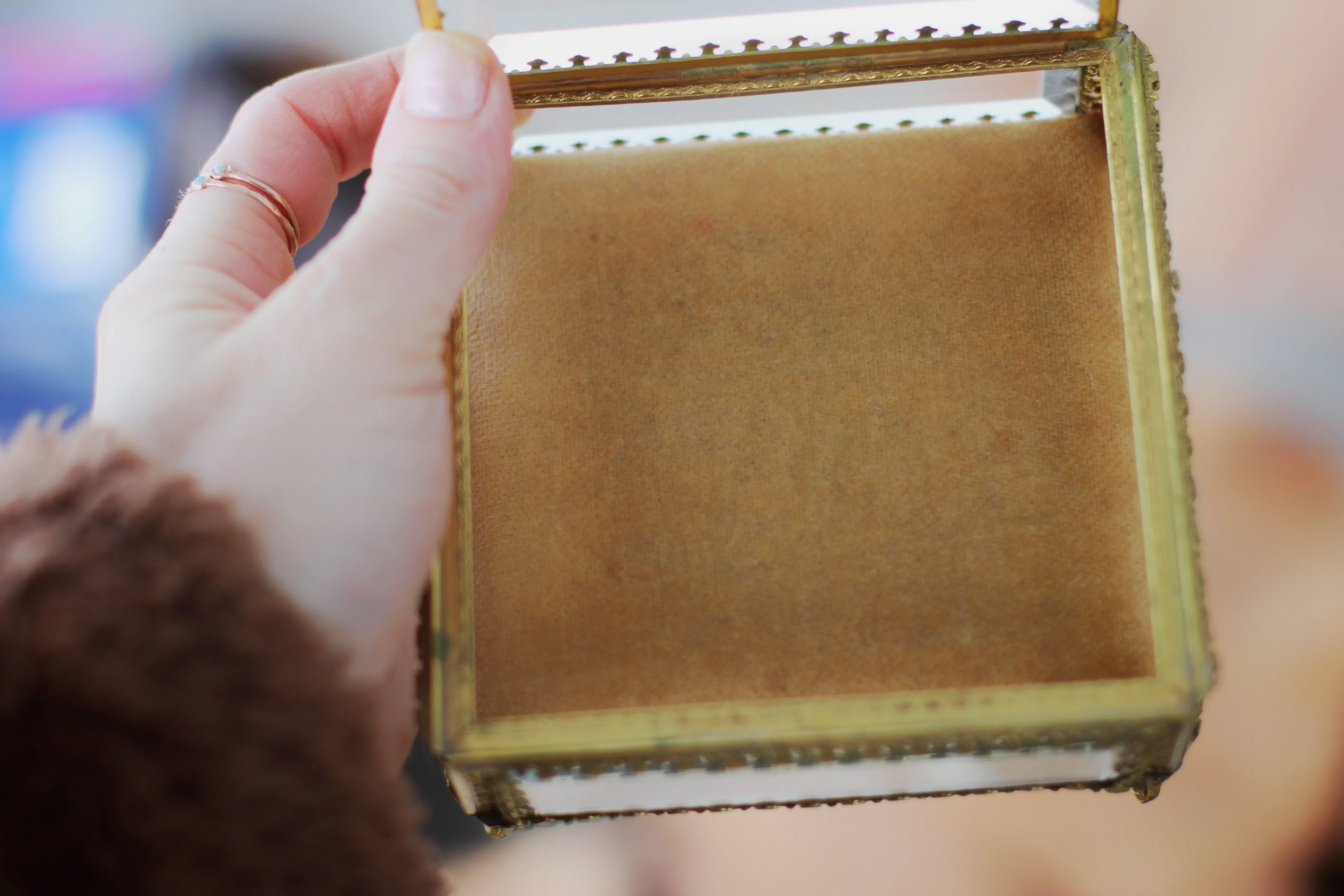 Vintage Ormolu Square Glass Jewelry Box