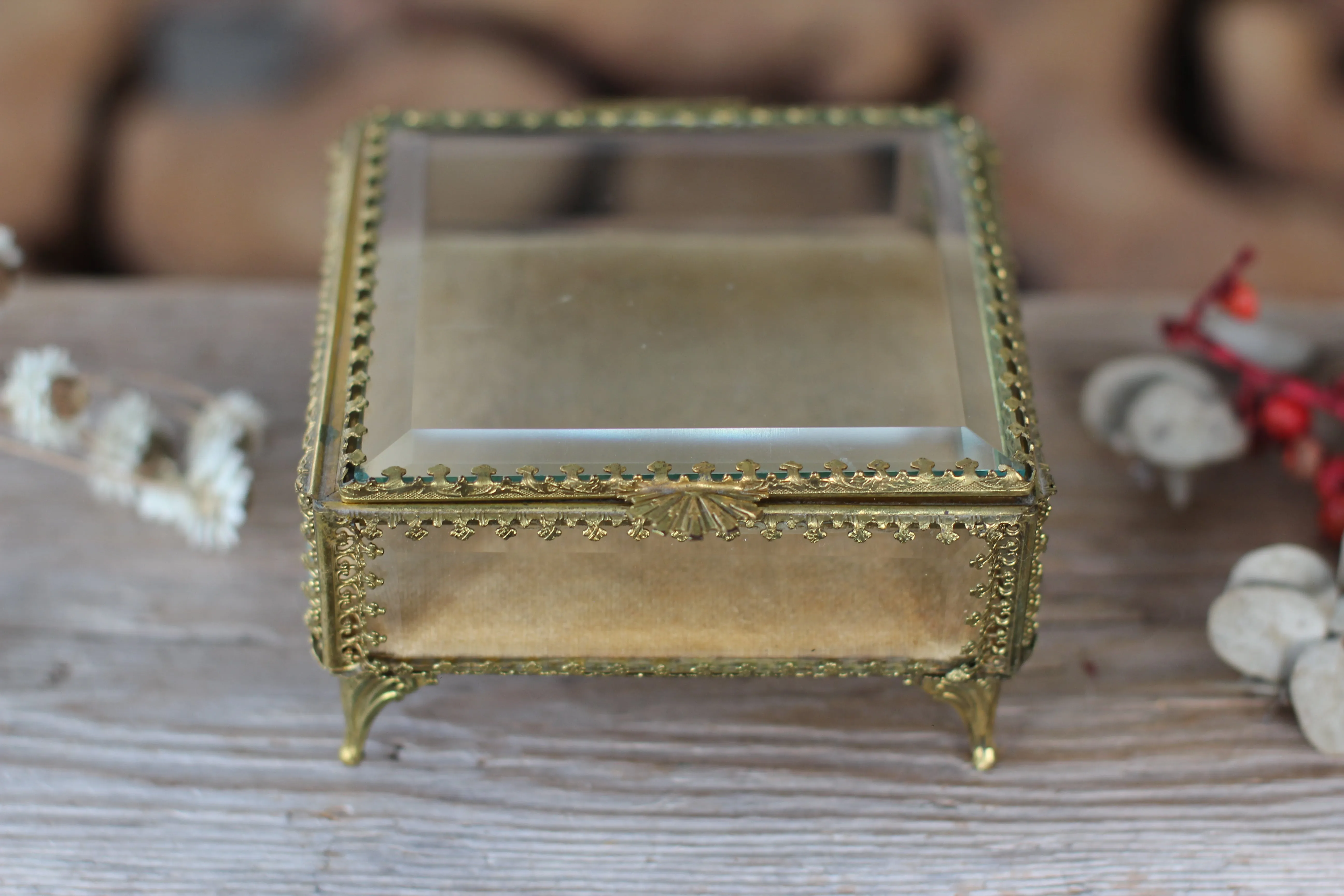 Vintage Ormolu Square Glass Jewelry Box