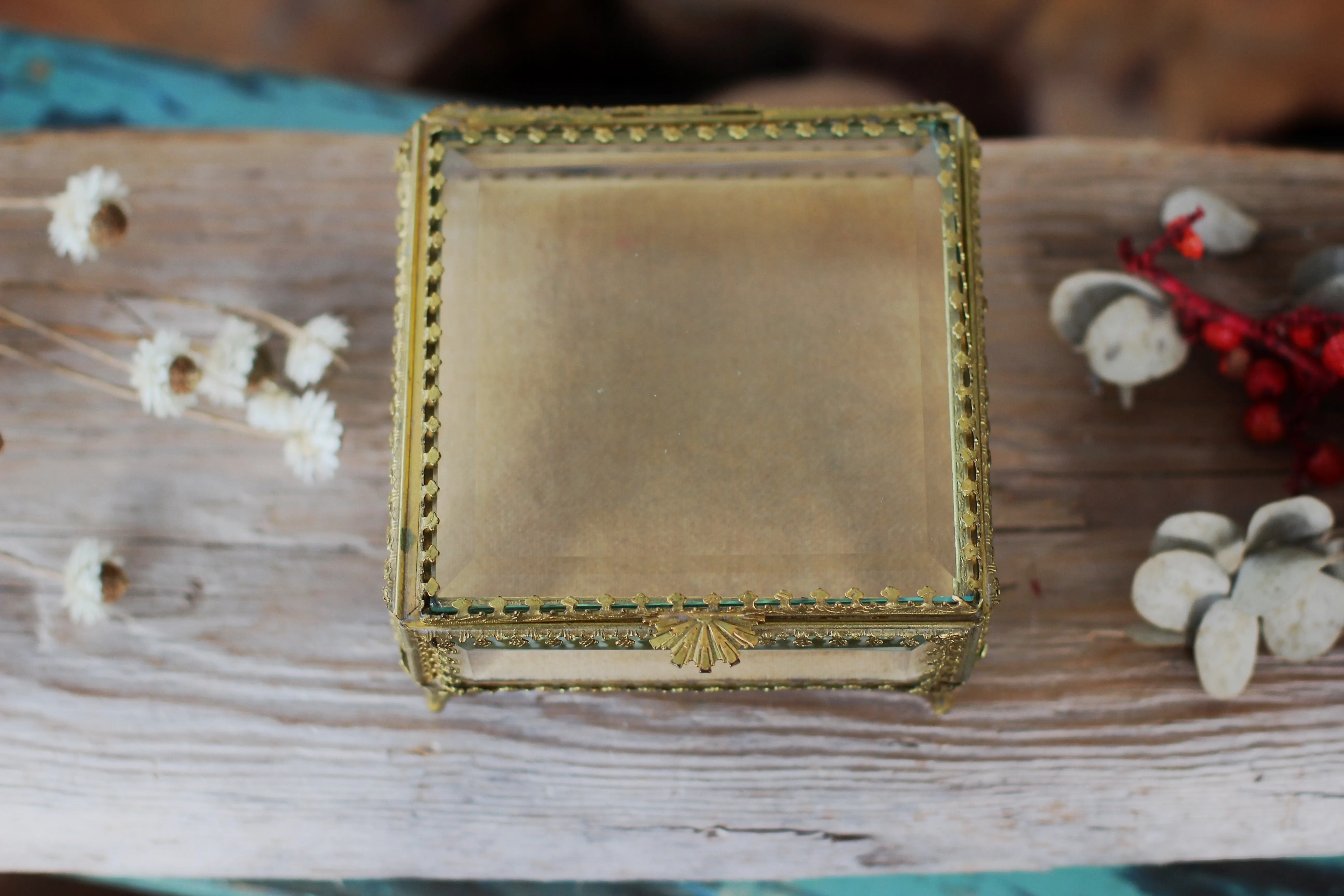 Vintage Ormolu Square Glass Jewelry Box