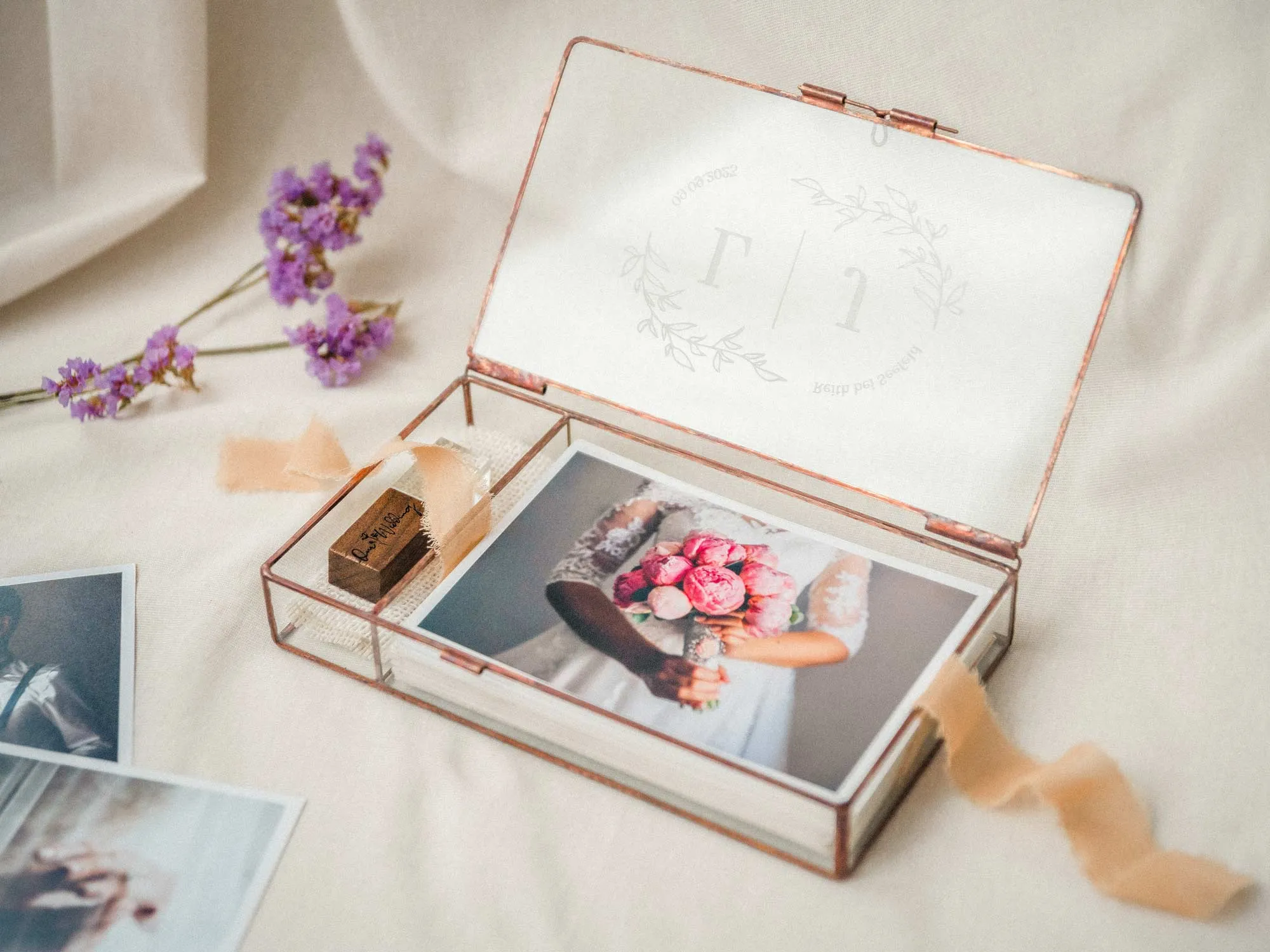 Wedding Photography Box - Rose Gold Glass Photo Box with USB Drive