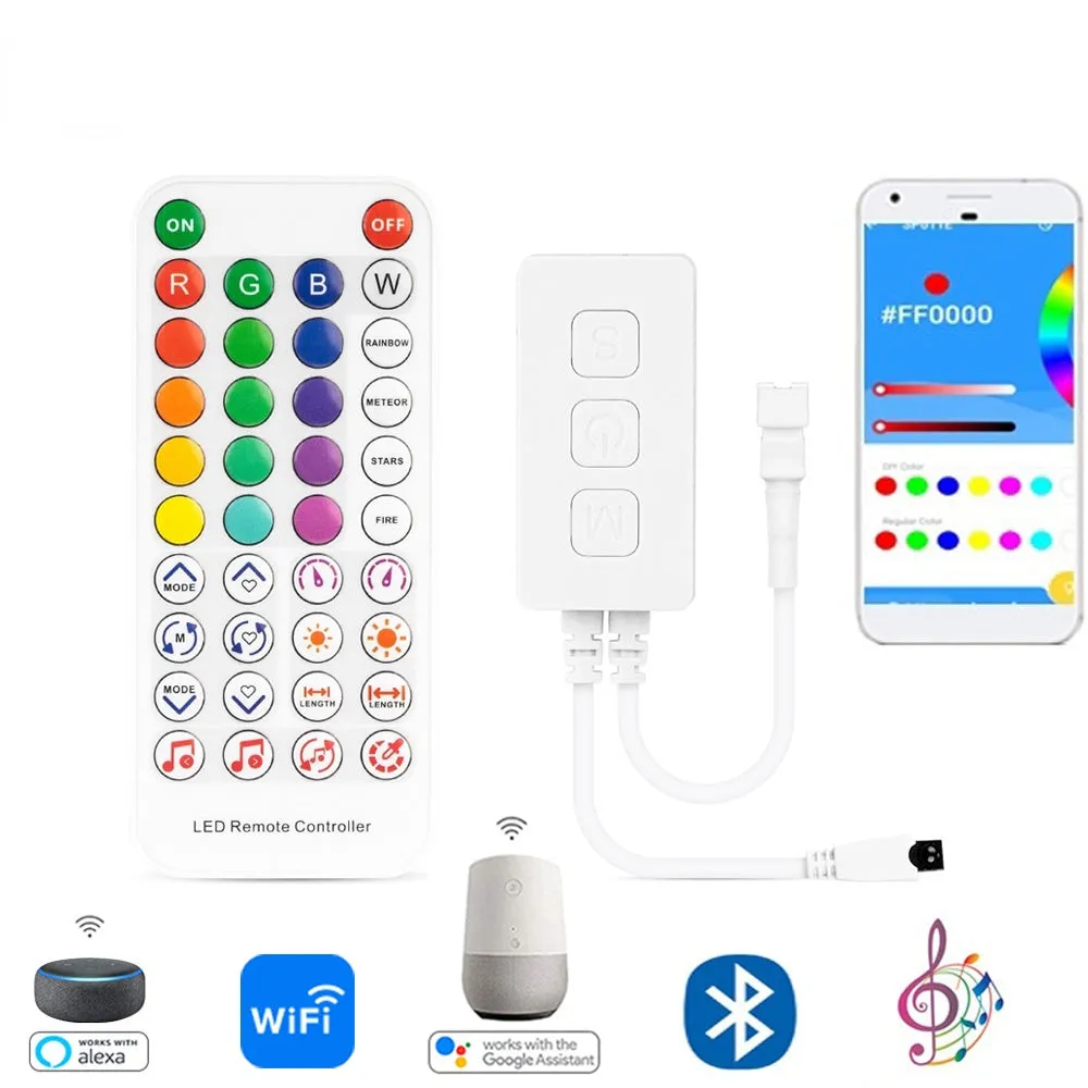 WS2811 WS2812B Controller Music Bluetooth App IR38 Keys Built In Mic Wifi Alexa Google IOS Android 5V-24V